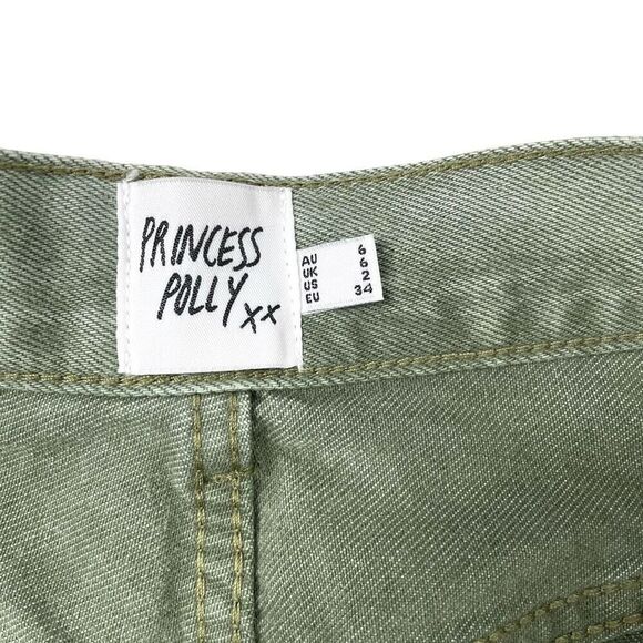 Princess Polly Holly Green Denim Asymmetric Button Fly Straight Leg Jeans Size 2 - Picture 6 of 9
